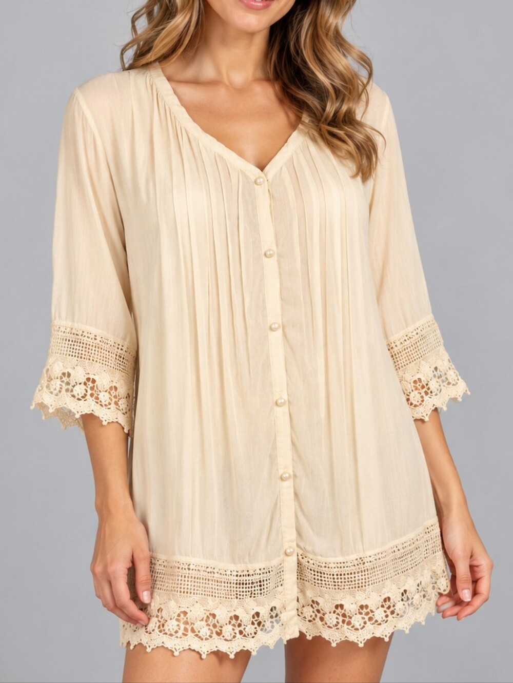 Vtg BLAIR Ivory Crochet Lace Trim Pintucked Pearl Button Down Shirt
